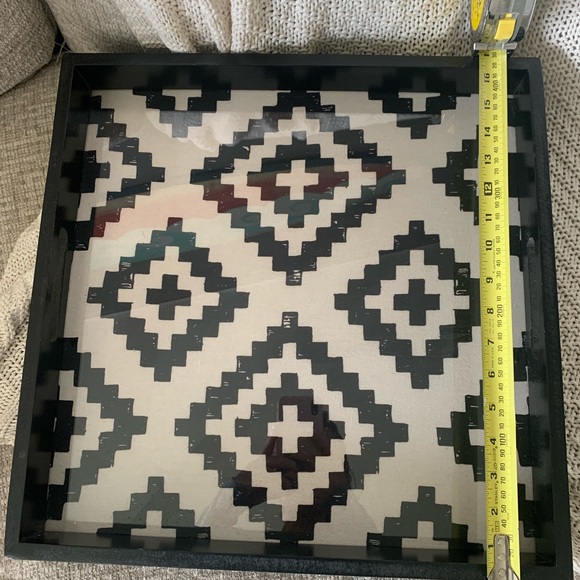 Square Glass-top & Wood Black & Beige Boho Beachy Geometric Serving Tray - Picture 4 of 6